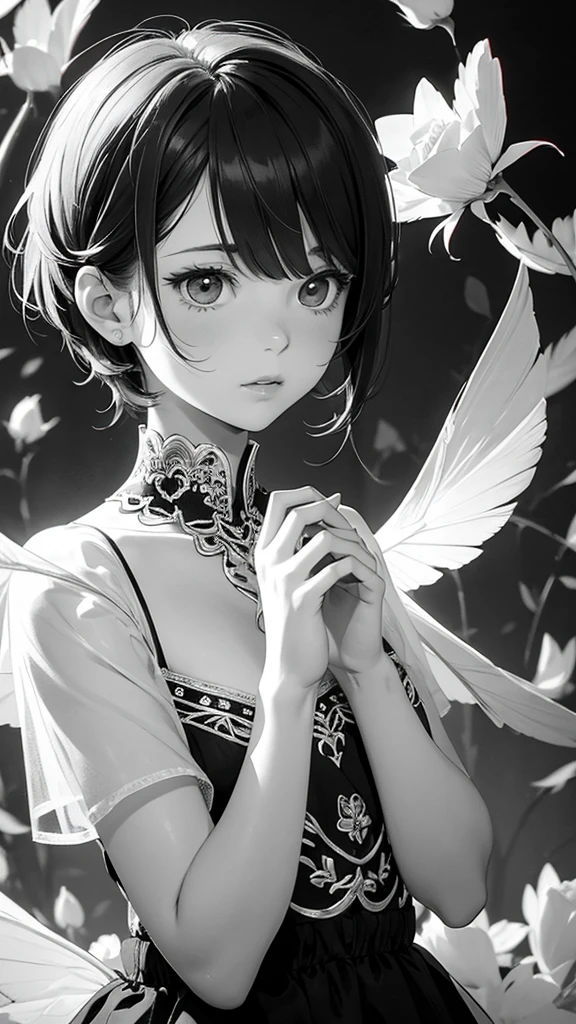 finest image, portrait, line drawing, art, illustration, monochrome, no color, very cute pixie cut girl,Praying Girl,many background white, Fluttering white feathers and red roses, professional lighting,Gothic,cross