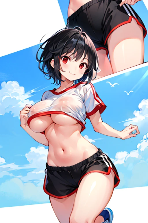 (masterpiece:1.2),Highest quality,Perfect Anatomy,Very detailed,
BREAK
cute girl,Shiny skin,A light smile,alone,short hair,
Adorable big eyes,Cute eyes,(Red eyes:1.4),(Black Hair:1.4),
BREAK
sport shirt,Sports shorts、Nude 、Big Boobs、Big valley、Nipple wipers、ピンクの乳首
BREAK
風呂 窓 胸 当てる
looking at viewer,Character Focus,Wicked Smile,running, 
BREAK