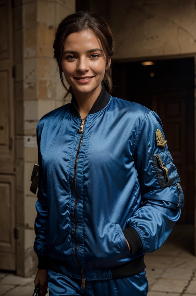 French resistant sniper elite 5 (with rifle M1903:1.6, smiling, blue satin bomber jacket outfit