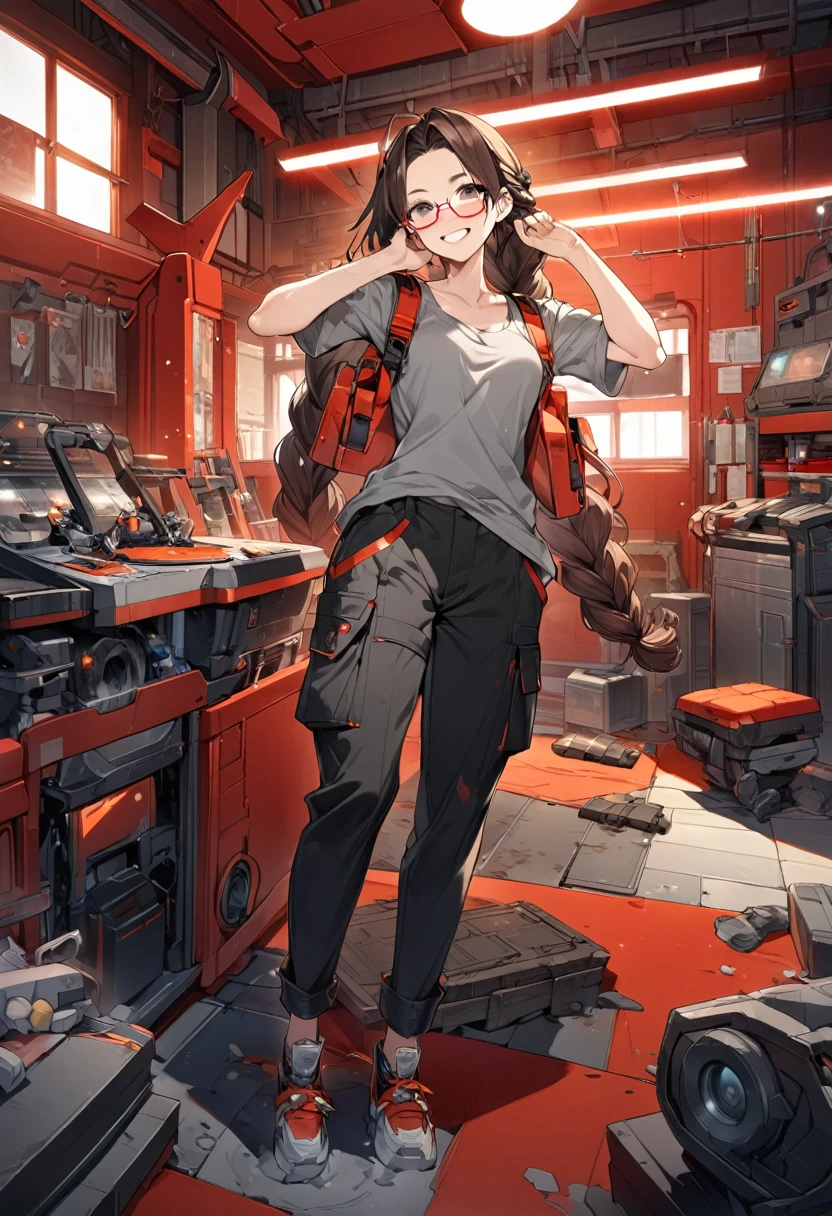 (Highest quality:1.3), (Top performance:1.2), (Best illustrations:1.2),whole body,Full Art,Dwarven girl,Dark brown hair,Big braid hairstyle,rimless square glasses,Grey tank top,Smiling with teeth showing,Cheerful smile,Sweat,Wipe your face,Black cargo pants,The face is dirty,A futuristic workshop with a red theme,Turn around to look at the viewer