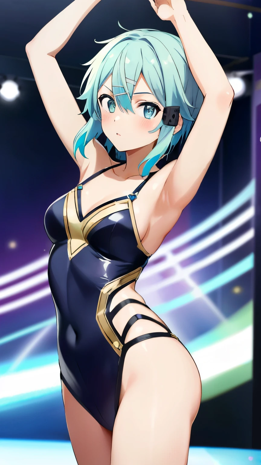 (Top Quality, Masterpiece, 8k:1.2), Ultra Detailed, High Resolution, Anime, 1 Girl, Solo, EPsoaSinon, Short Hair, Light Blue Hair, Detailed Jewel Eyes, Hair Between Eyes, Small breasts, (Hair Accessory:1.2), Hair Clip, Side Locks, Short Hair With Long Hair, (rhythmic gymnastics,standing split,Blushing, Dance room:1.1), dynamic Angle, Cowboy Shot,looking at viewer,