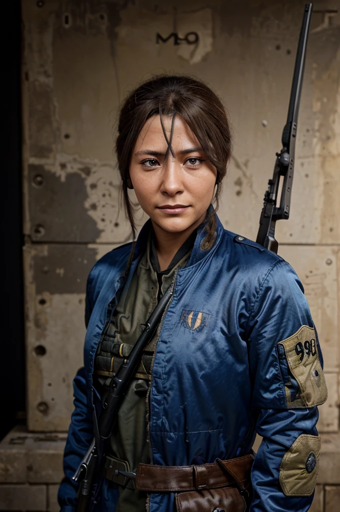 French resistant sniper elite 5 (with rifle M1903:1.5), smiling,  blue satin bomber jacket outfit