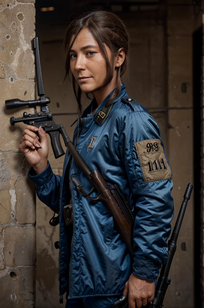 French resistant sniper elite 5 (with rifle M1903:1.5), smiling, blue satin bomber jacket outfit