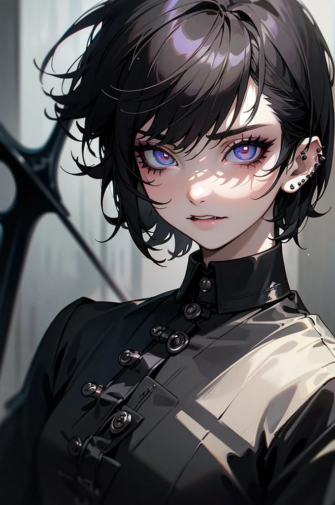 (masterpiece, Best Quority, 8K, masterpaintings), 1boy, (Eye 1:1, Clear eyes, Elaborate Eyes, Delicate pupils, Details of the eyes, good eyes), Short Hair, black hair, (((messy fade cut hair))), (((Skinny boy wearing gothic makeup))), (((gothic makeup))), v_kei, v kei, visual kei, visual_kei, student, office shirt, Face focus, Emo style, Rock style, fangs, piercing, earrings, lots of piercings, detailed metal jewelry, black finger nails, side lock, Gothic style, Adults, office shirt, facial detail, Diffused sunlight, depth of ﬁeld, Background bokeh for optimal light, Best Shadow, cinematiclight, (realskin), raytrace, Unreal Engine 5, Reflective skin, Digital illustration, super model, (Body edge lighting, Colored light sources are around), Looking into the distance
