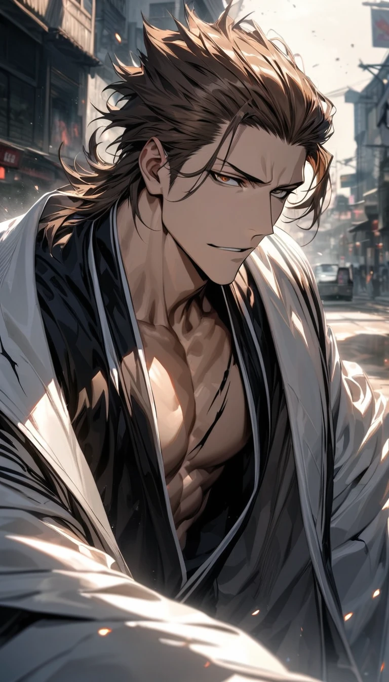 absurdres, highres, ultra detailed, HDR, masterpiece, extremely detailed face and eyes, Aizen Sosuke, brown hair slicked back, expressive brown eyes, Bleach, solo, sexy man, toned chest, handsome, white coat, black shirt,, soul society background, confident expression