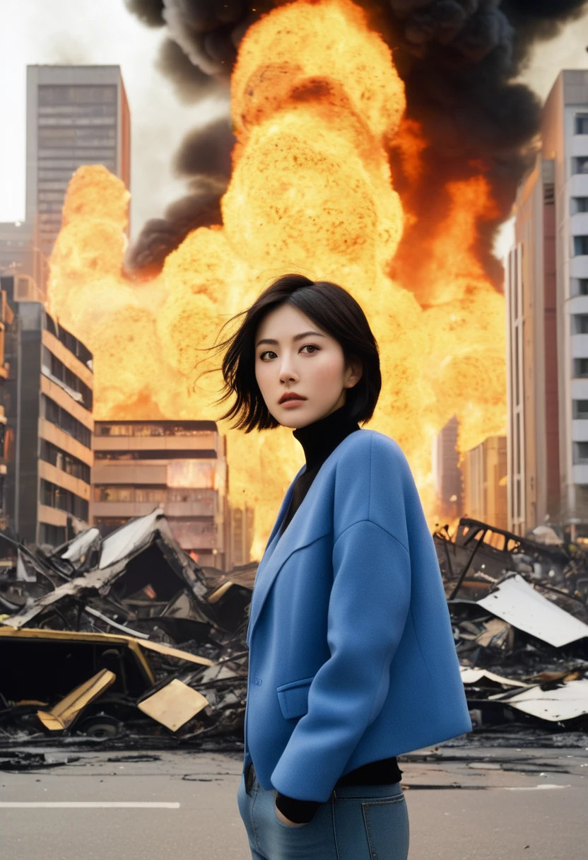 ((1 GIRL)) ((Hyper realistic 10k,asian girl)), ((Japanese)) (( physically mature female)) (( average sized breasts)), 25-year-old, ((super realistic anime girl)), ((short dark-haired)), ((windswept hair)) ((ultra high quality))((flawless))((4k UHD)) ((Best Quality)) ((Daytime)) ((eyes glowing yellow )), wearing a ((black long sleeve shoulderless, blank T-shirt))((no logo)) wearing ((blue jeans)) and black and yellow sneakers with (((blood splattered))) on it and her face, standing in the street ((facing front and center toward the camera, looking into camera)) in a ((ruined city)) filled with ((heavily damaged)) and worn (( tall skyscrapers with gaping holes in their structures while on fire)) and ((crushed vehicles on fire)) and small and ((raging fires all around)) and an ((intimidating)) look on her face, with a giant monster kaiju-beast in the distance looking furocious.