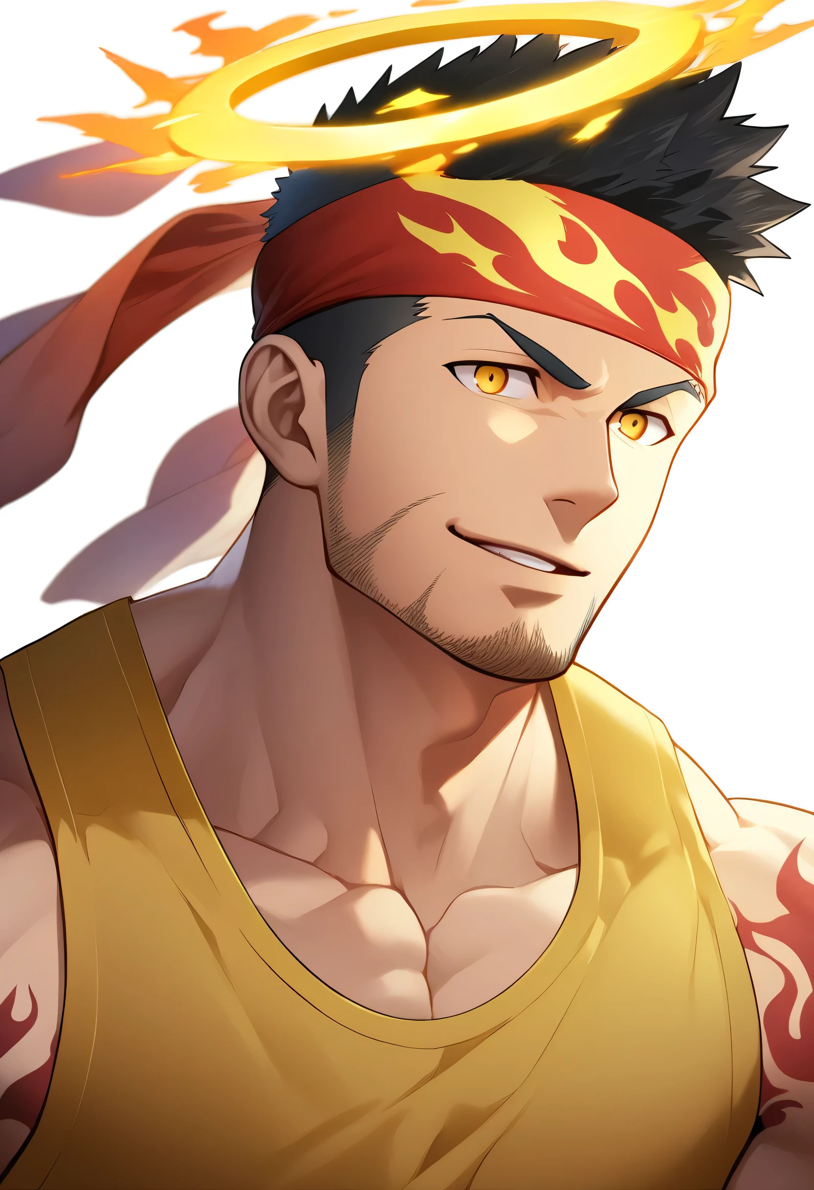anime characters:Gyee, priapus, 1 young muscular man, male focus, Flame tattoo, sports Red headband, Dark Yellow spandex tight tank top, Very tight, muscular male, muscular, only, Upper body, alone, Black short hair, Thick eyebrows, stubble, Yellow eyes, White background, simple background, amazing quality, best aesthetics, Ridiculous, bright pupils, crew cut, naughty face, torogao, parted lips, halo, god rays, best quality