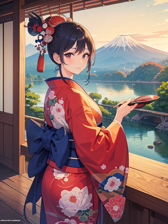 (Highest quality、masterpiece、High resolution、8K)、Colorful、Ukiyo-e、Utamaro、Kimono Beauty、Looking back、bridge、river、Mount Fuji in the distance、Japanese style scenery、Official Art、