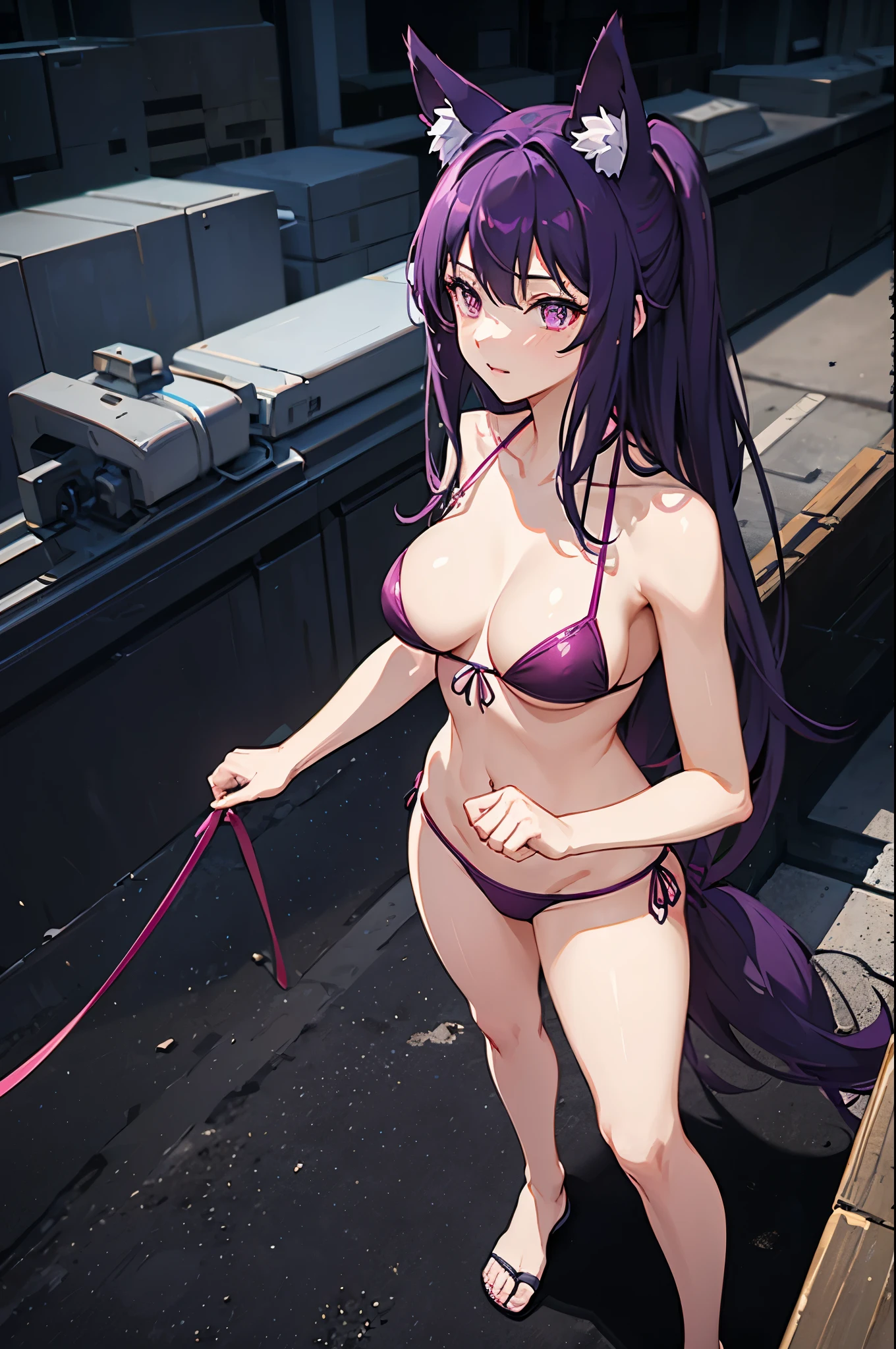 1woman, dark purple hair, pink eyes, fox ears, fox tail, bikini, standing on ground, high res, ultra sharp, 8K, masterpiece
