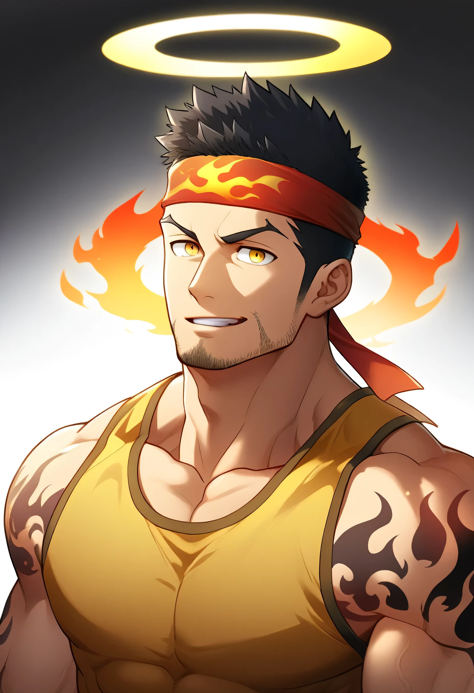 anime characters:Gyee, priapus, 1 young muscular man, male focus, Flame tattoo, sports Red headband, Dark Yellow spandex tight tank top, Very tight, muscular male, muscular, only, Upper body, alone, Black short hair, Thick eyebrows, stubble, Yellow eyes, White background, simple background, amazing quality, best aesthetics, Ridiculous, bright pupils, crew cut, naughty face, torogao, parted lips, halo, god rays, best quality