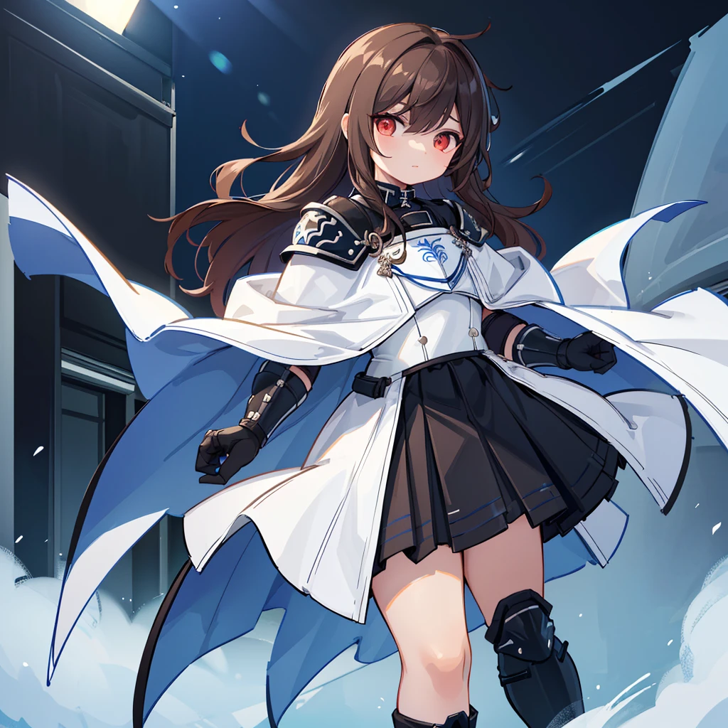 (((1boy))), Femboy, superhero, crossdresser man, teenager, in a school, (white long sleeved cocktail shirt), (long black skirt with a white stripe), with a (((white cape with a blue inner part))), a (((black chest armor plate with a white decal in the middle))), (black gloves) and (black boots), long technological red sword, ((brown skinned)), red eyes, feminine shoulder length dark brown hair, ((wide hips)), ((thick thighs)), flat chest, narrow waist, walking down street a futuristic city at night ((only one character)), (((solo))), happy