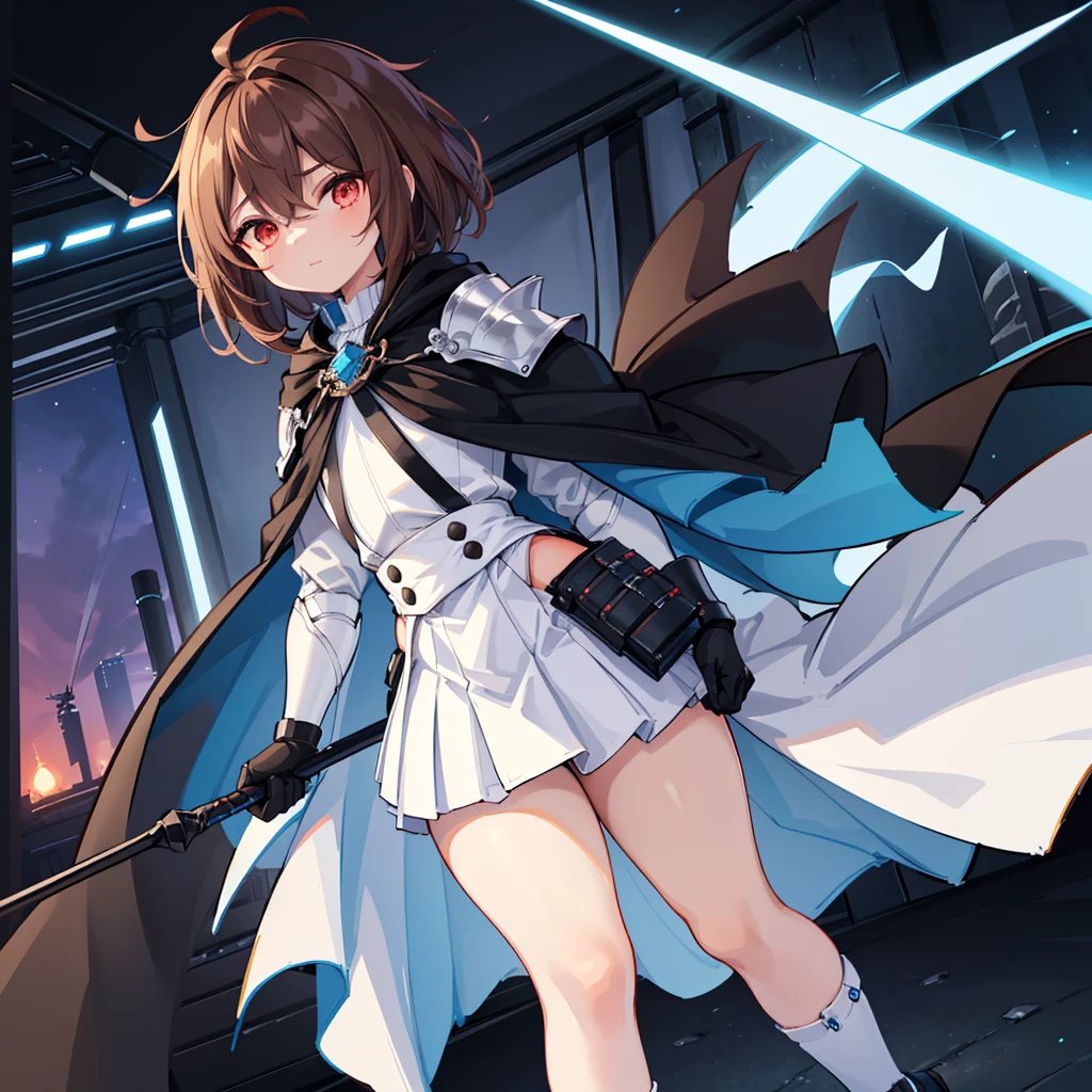 (((1boy))), Femboy, superhero, crossdresser man, teenager, in a school, (white long sleeved cocktail shirt), (long black skirt with a white stripe), with a (((white cape with a blue inner part))), a (((black chest armor plate with a white decal in the middle))), (black gloves) and (black boots), long technological red sword, ((brown skinned)), red eyes, feminine shoulder length dark brown hair, ((wide hips)), ((thick thighs)), flat chest, narrow waist, walking down street a futuristic city at night ((only one character)), (((solo))), happy