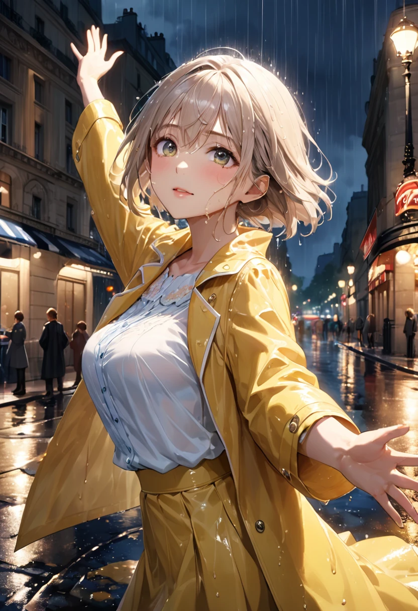 Highest quality, Super quality, 16K, Incredibly absurd, Very detailed, 2.5D, delicate and dynamic, movieのシーン, official, Poster Design, Paris street corner, Rainy night, Chic cityscape, Stone Building,  Champs-Élysées, Arc de Triomphe, wet road, puddle, puddleに町明かりが反射, puddleにビルが映る, , , Small face, Extremely delicate facial expression, Delicate eye depiction, Upper body close-up, erotic, sole sexy lady, healthy shaped body, 25 years old lady, , 170cm tall, big firm bouncing busts, white shirt, yellow long rain coat, , long skirt, garter belt, long boots, Wet with rain, With arms outstretched, Dancing in the rain, Opera, movie, dancing in the rain