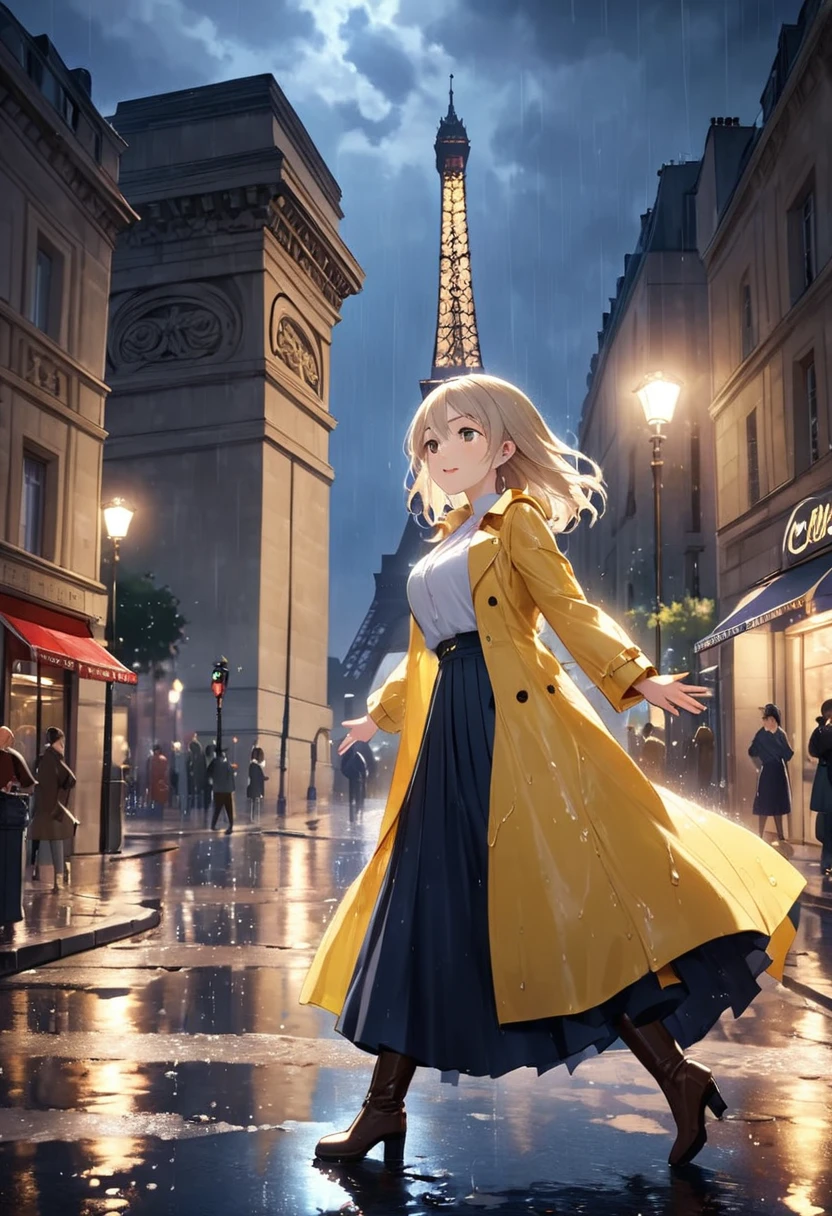 Highest quality, Super quality, 16K, Incredibly absurd, Very detailed, 2.5D, delicate and dynamic, movieのシーン, official, Poster Design, Paris street corner, Rainy night, Chic cityscape, Stone Building,  Champs-Élysées, Arc de Triomphe, wet road, puddle, puddleに町明かりが反射, puddleにビルが映る, , , Small face, Extremely delicate facial expression, Delicate eye depiction, Upper body close-up, erotic, sole sexy lady, healthy shaped body, 25 years old lady, , 170cm tall, big firm bouncing busts, white shirt, yellow long rain coat, , long skirt, garter belt, long boots, Wet with rain, With arms outstretched, Dancing in the rain, Opera, movie, dancing in the rain