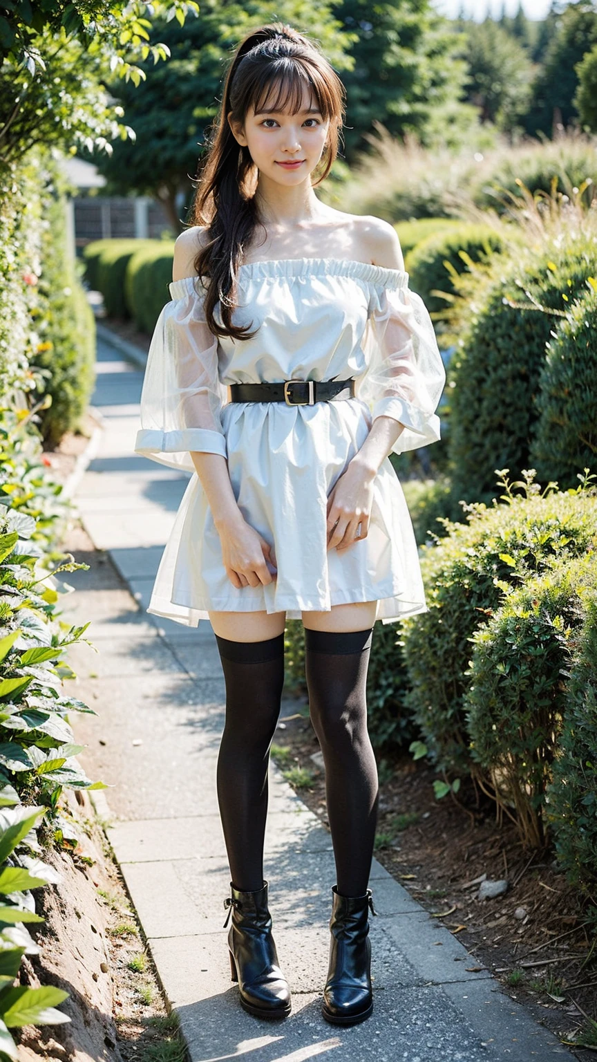 (8K、RAW Photos、Highest quality、masterpiece:1.2)、(Realistic、Realistic)、1 Girl、((Long dress、Off the shoulder、ponytail、ribbon、See-through、smile、Black and Pink、Thin legs、whole body、boots、tights、garden、View from the front、Looking into the camera、belt、Stand with hands on hips))、cute
