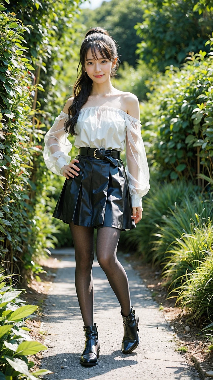 (8K、RAW Photos、Highest quality、masterpiece:1.2)、(Realistic、Realistic)、1 Girl、((Long dress、Off the shoulder、ponytail、ribbon、See-through、smile、Black and Pink、Thin legs、whole body、boots、tights、garden、View from the front、Looking into the camera、belt、Stand with hands on hips))、cute
