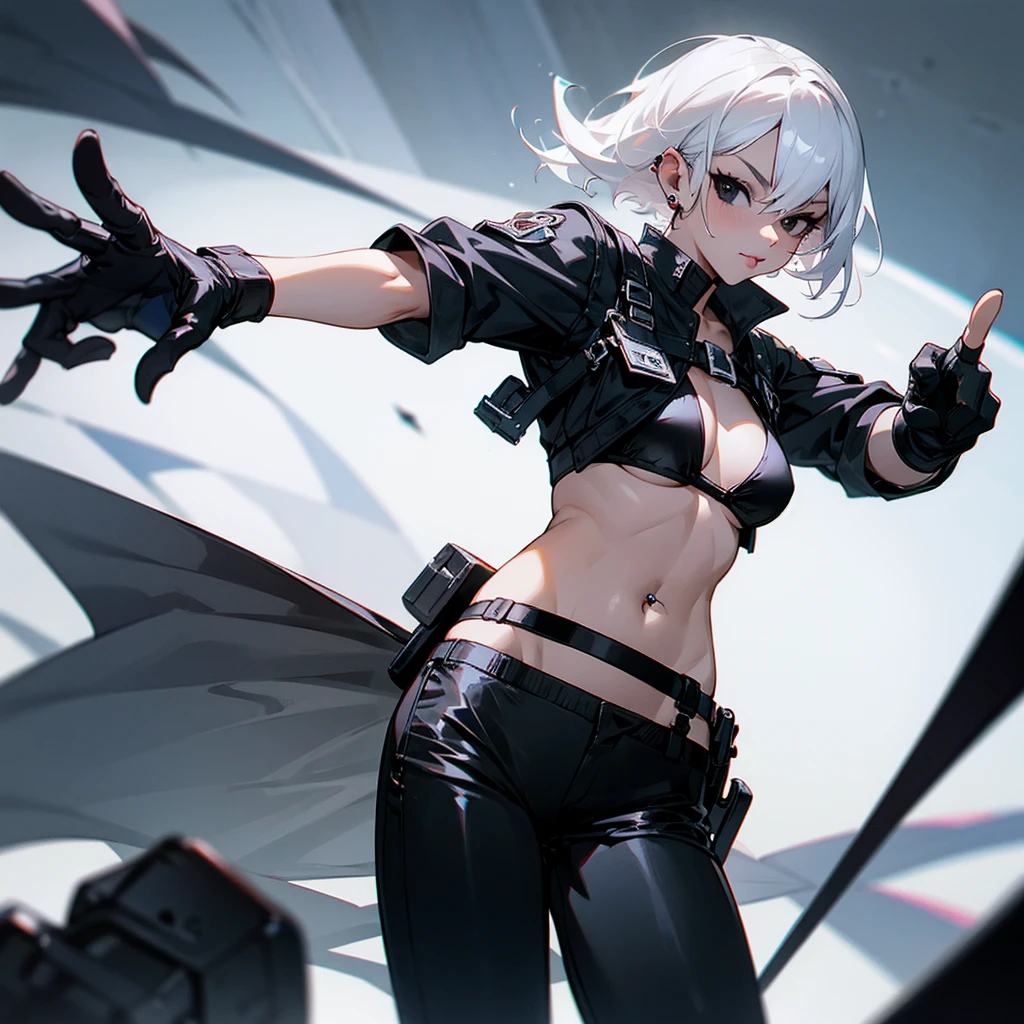 Black bikini, pants, short white hair, pointing pose, lip piercing, black gloves, black eyes