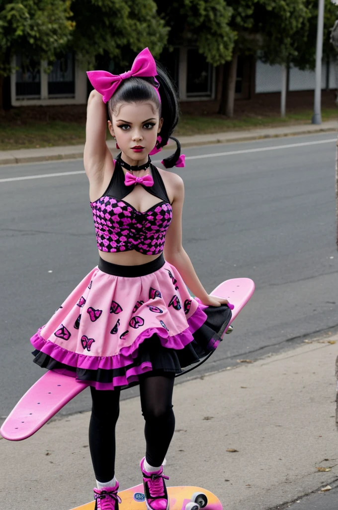 Draculaura from monster high with pink bows in her hair riding a skateboard 
