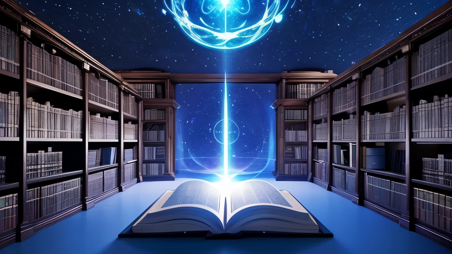 Ethereal cosmic library representing the Akashic Records, with glowing books and scrolls floating in a starry space