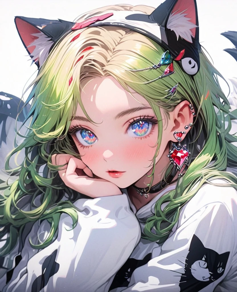 8K,gal,an extremely delicate and beautiful,Beautiful and realistic skin,Shiny jewel-like earrings,Long colorful hair,beautiful eyes,whole body,head to toe,beautiful regs,cat costume