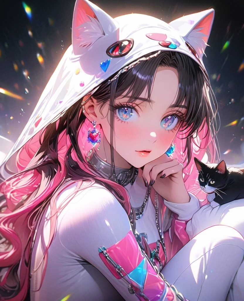 8K,gal,an extremely delicate and beautiful,Beautiful and realistic skin,Shiny jewel-like earrings,Long colorful hair,beautiful eyes,whole body,head to toe,beautiful regs,cat costume