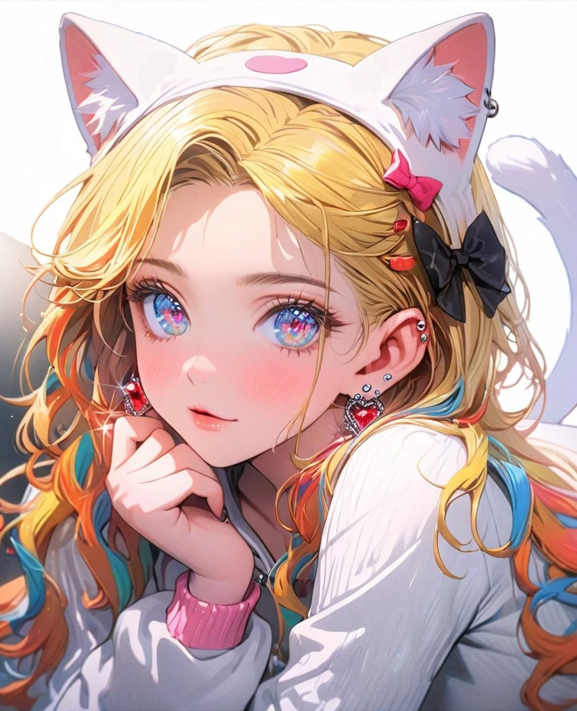 8K,gal,an extremely delicate and beautiful,Beautiful and realistic skin,Shiny jewel-like earrings,Long colorful hair,beautiful eyes,whole body,head to toe,beautiful regs,cat costume