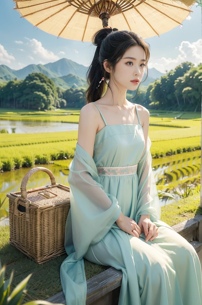 (((best quality))),(((ultra detailed))),(((masterpiece))),illustration,(1 beautiful young girl,solo),((slim,thin)),((small ,flat chest,claviclies)),(short ponytail:1.2),Xiaoshu season,tranquility,allure,delicate features,warm sunlight,traditional Chinese outfit,sheer Hanfu dress,vibrant colors,intricate patterns,elegant cut,youth,innocence,flowing dress,gentle breeze,lush rural landscape,blue sky,fluffy white clouds,lush green grass,rice paddies,abundant harvest,delicate details,traditional Chinese parasol,jar of cold drinks,bamboo basket,butterf,blooming flowers,serene presence,idyllic rural landscape,tranquility,harmony,special time of the year