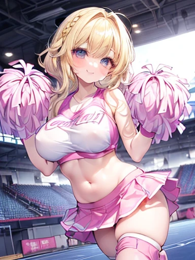 masterpiece,Highest quality,(Super detailed),Perfect lighting, Extremely detailed CG,Very detailed,(Very detailed目,Very cute face,Very detailed顔:1.3),Beautiful Anime Girls,(Solo Girl),(Huge breasts:1.9),(functional,Glamour,sexy:1.9),(blonde,Medium Short Hair,Braiding,Long hair down in front:1.5),(Big bright blue eyes),(Very happy smile:1.5),break,(Cheerleader Costume,belly button,Pink micro mini skirt,Show off your pants:1.5),Stadium,Audience seats,Jump,Dynamic pose