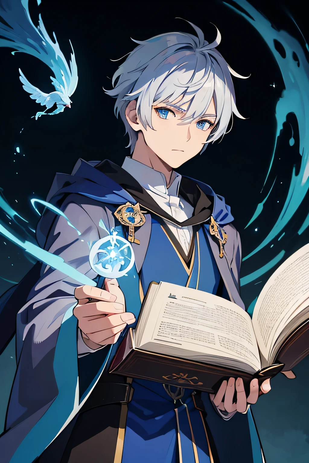 masterpiece, Highest quality, High resolution,Anime Style、Anatomically correct、Silver Hair、Short Hair、male、Wizard、Robe、magic、Blue flames fly around、Hold the spellbook in your left hand、A blue flame floats above his right hand、With an ancient castle in the background、Upper body only、stand、