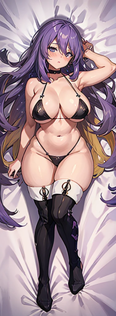 Long purple hair,big breast,curvy body,micro bikini,blush,dakimakura,hand on top of breast