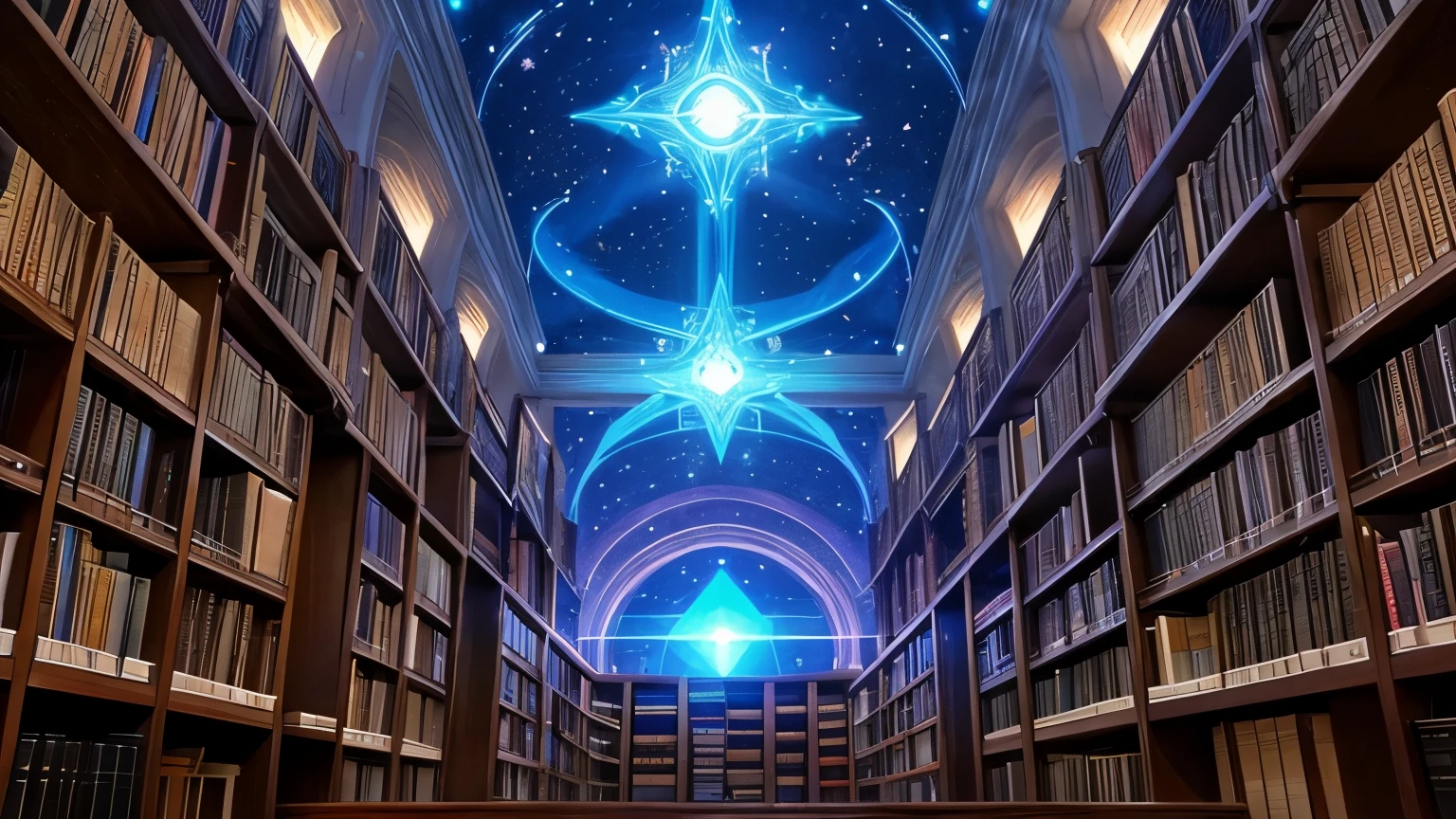 Ethereal cosmic library representing the Akashic Records, with glowing books and scrolls floating in a starry space