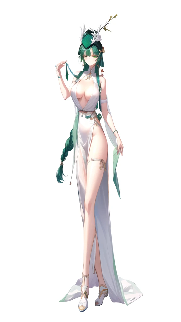 Close-up of a woman in a white dress wearing a green hat., Whole Xianxia, Pixieve 3dcg, April&#39;s rendering, Octane rendering, Pudica&#39;s sexy pose, Queen of the Summer Forest, Highly detailed throughout, anime goddess, Masterpiece of the Goddess of Sorrow, The character is in her natural pose., Elf Queen, naked, nipple, nsfw