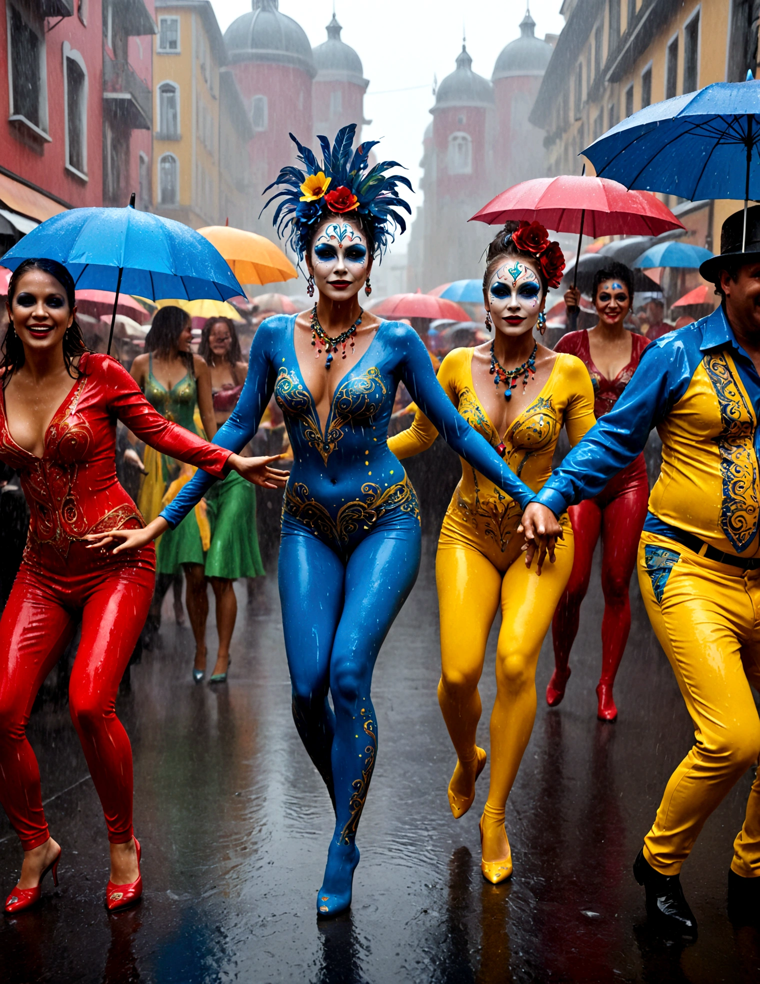 Carnivale, a party of people in body paint costumes dance in the street, a heavy rain has hit, they dancers continue without stopping. Festive, colorful, joy