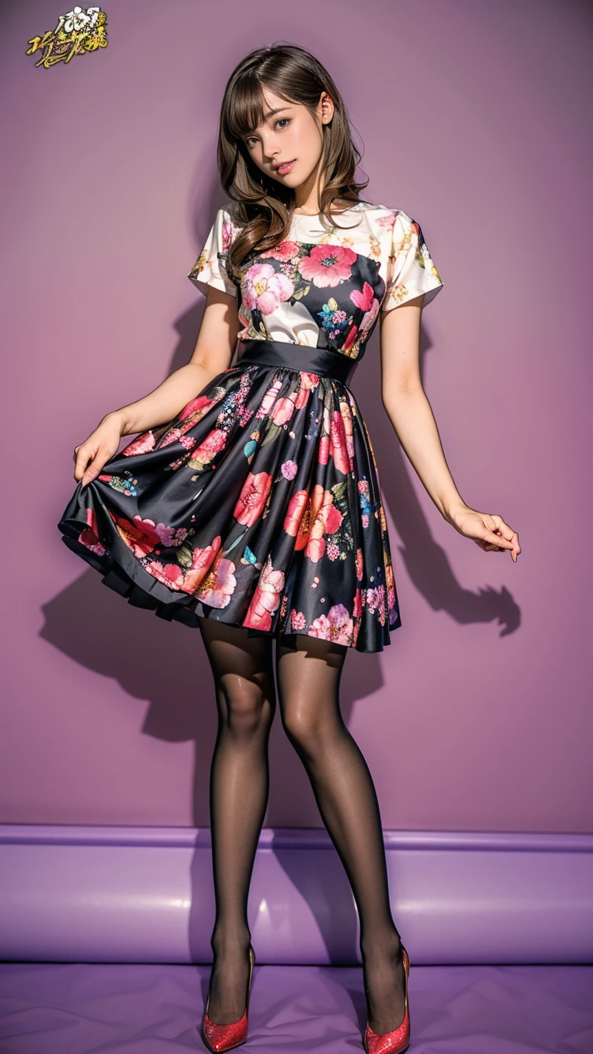 ((masterpiece)),(((Highest quality))),Thin thighs,Long legs,whole body:1.5，(One Girl:1.3),(Black pantyhose and thick pointy heels：1.3),(Wearing a floral print mid-long flared skirt dress:1.2),Short blonde hair:1.2、Model pose，