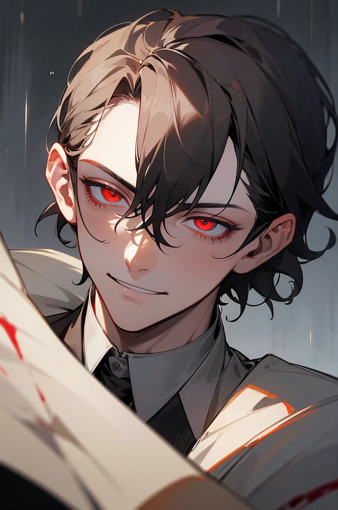 masterpiece, dark night, boy, johan liebert, wavy black hair, short hair, 20 years, Red eyes, glowing eyes, Grim Smile, grin, villain, narrowed eyes, very detailed beautiful face and eyes, portrait, shirt, rain, Blood
