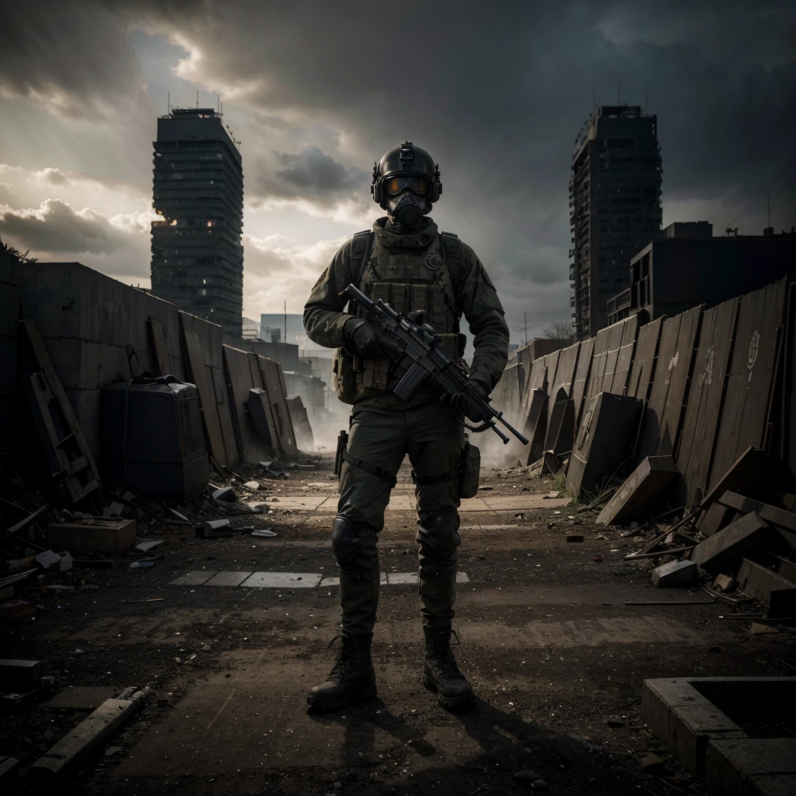 apocalyptic, soldier wearing gas mask, smoke, cloudy gray sky, 4:00 p.m. day time, extremely detailed, masterpiece, the better quality, 8K UHD, full body, tactical gear, perfectly well made and detailed M240 Machine Gun, holding weapon, highly detailed devastated big city background, afternoon a little bit dark atmosphere, volumetric illumination, a lot of books in the ground, visible devastated cathedral with a cross, 