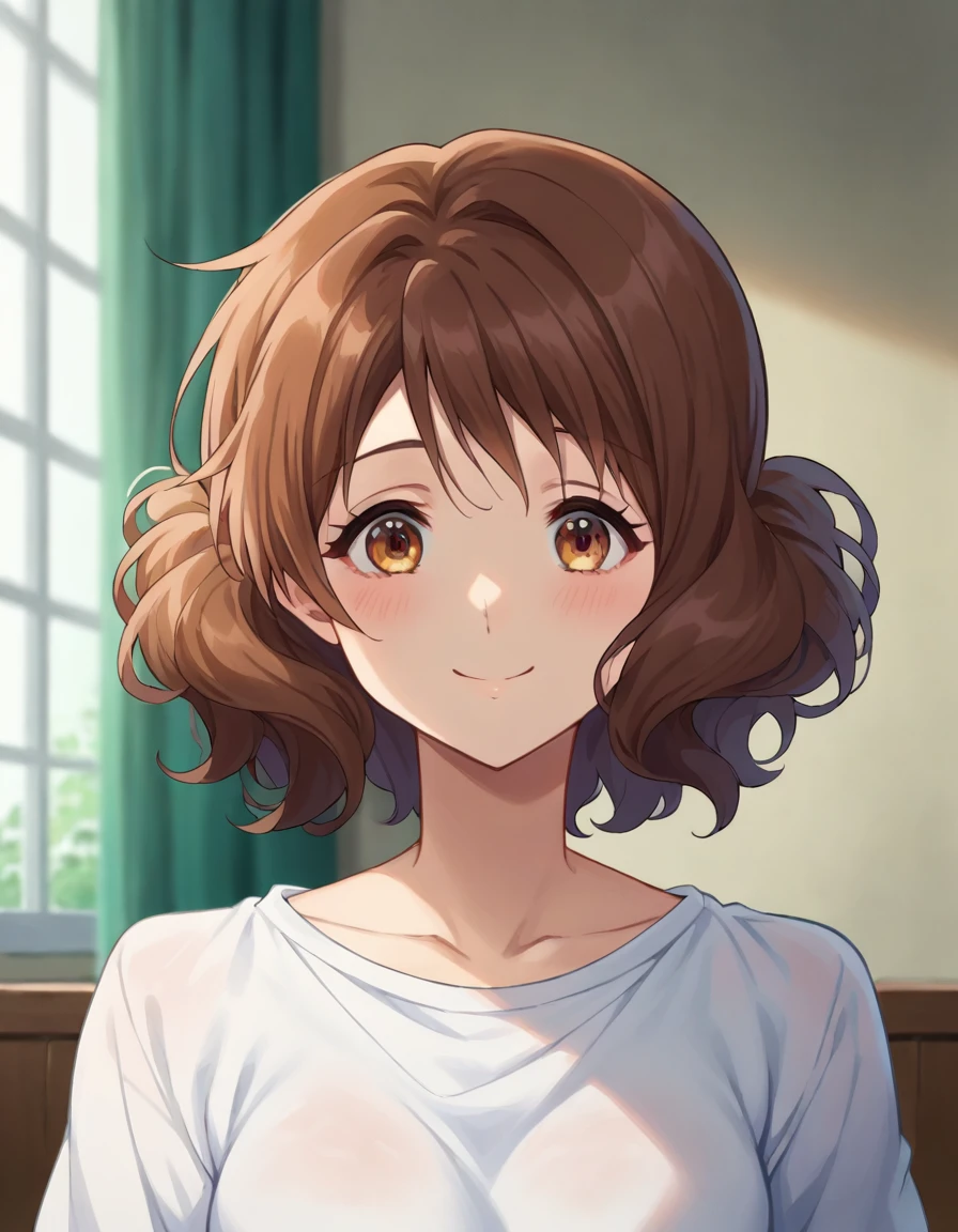 Highest quality, High resolution, masterpiece, (Beautiful Eyes), (Fine grain), Detailed face, kumiko oumae, Brown eyes, Brown Hair, short hair, Wavy Hair, smile, blush, indoor, bedroom, whiteいベッド, View your viewers, (Wide pelvis:1.5), (Big Ass), (white_bra:1.5), (white_Panties:1.5), (Thick thighs), (Holding the boy between her legs:1.5), nsfw