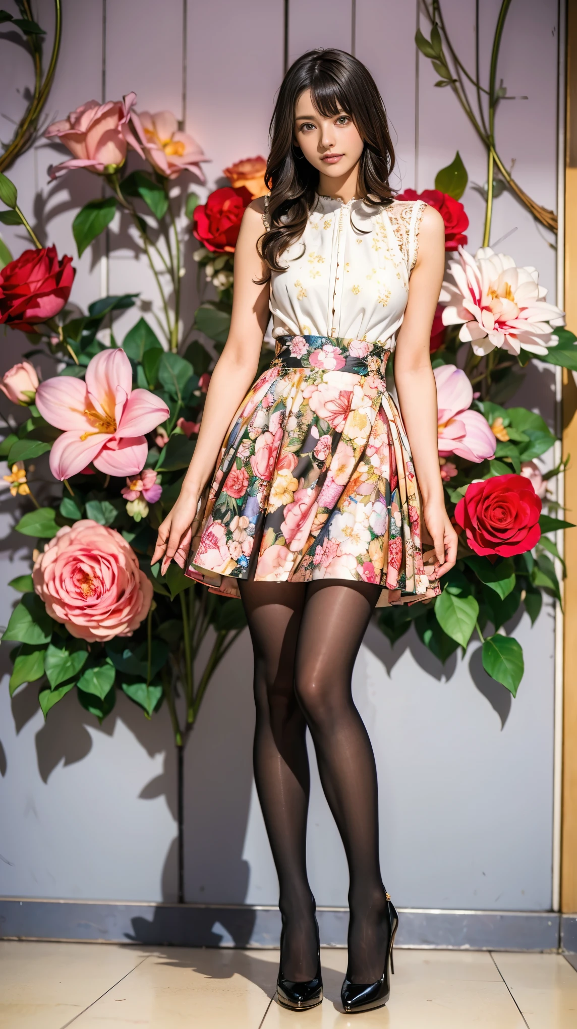 ((masterpiece)),(((Highest quality))),Thin thighs,Long legs,whole body:1.5，(One Girl:1.3),(Black pantyhose and thick pointy heels：1.3),(Wearing a floral mini flare skirt dress:1.2),Short Blonde:1.2、Model pose，high waist:1.5、