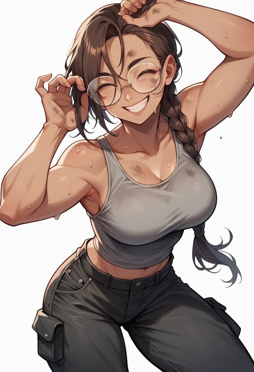 (Highest quality:1.3), (Top performance:1.2), (Best illustrations:1.2),whole body,Full Art,Dwarven girl,Dark brown hair,Big braid hairstyle,rimless square glasses,Grey tank top,Smiling with teeth showing,Cheerful smile,Sweat,Wipe your face,Black cargo pants,The face is dirty,A futuristic workshop with a red theme,Turn around to look at the viewer