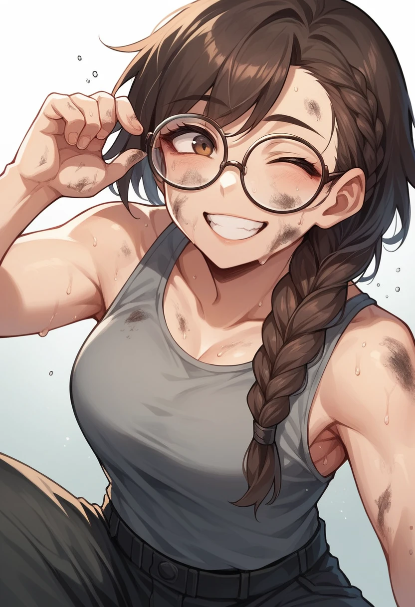 (Highest quality:1.3), (Top performance:1.2), (Best illustrations:1.2),whole body,Full Art,Dwarven girl,Dark brown hair,Big braid hairstyle,rimless square glasses,Grey tank top,Smiling with teeth showing,Cheerful smile,Sweat,Wipe your face,Black cargo pants,The face is dirty,A futuristic workshop with a red theme,Turn around to look at the viewer