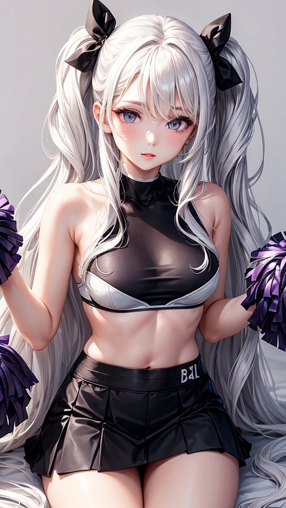 Elegant 27 year old woman,, white wavy hair, small and fleshy lips, simple makeup, confident look, dressed as cheerleaders, black skirt and dark purple top