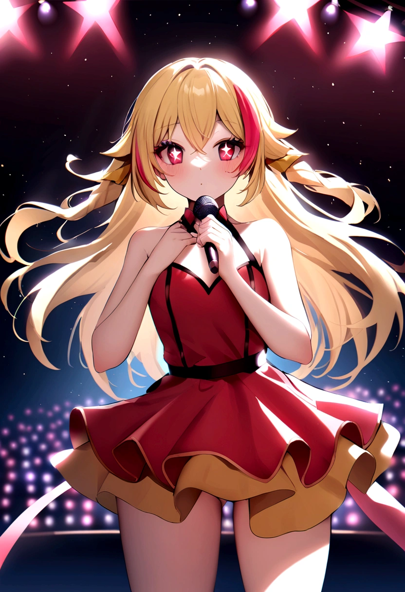 hoshinoruby, star-shaped pupils, ruby_hoshino, idol, blonde hair, bangs, 1girl, pink eyes, long hair, looking at viewer, red eyes, streaked hair, naked, on stage,
