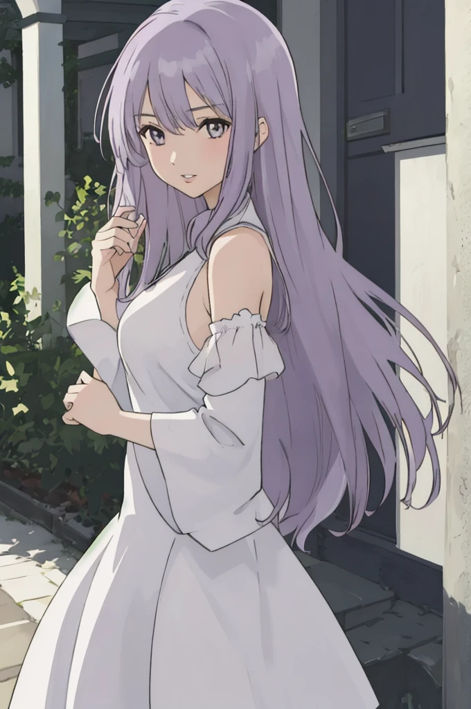 anime style, 1girl, long hair, light purple hair, grey eyes, white sleeveless dress, light purple sleeves, lips,,