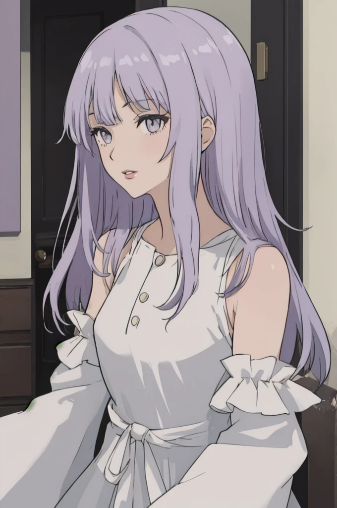 anime style, 1girl, long hair, light purple hair, grey eyes, white sleeveless dress, light purple sleeves, lips,,