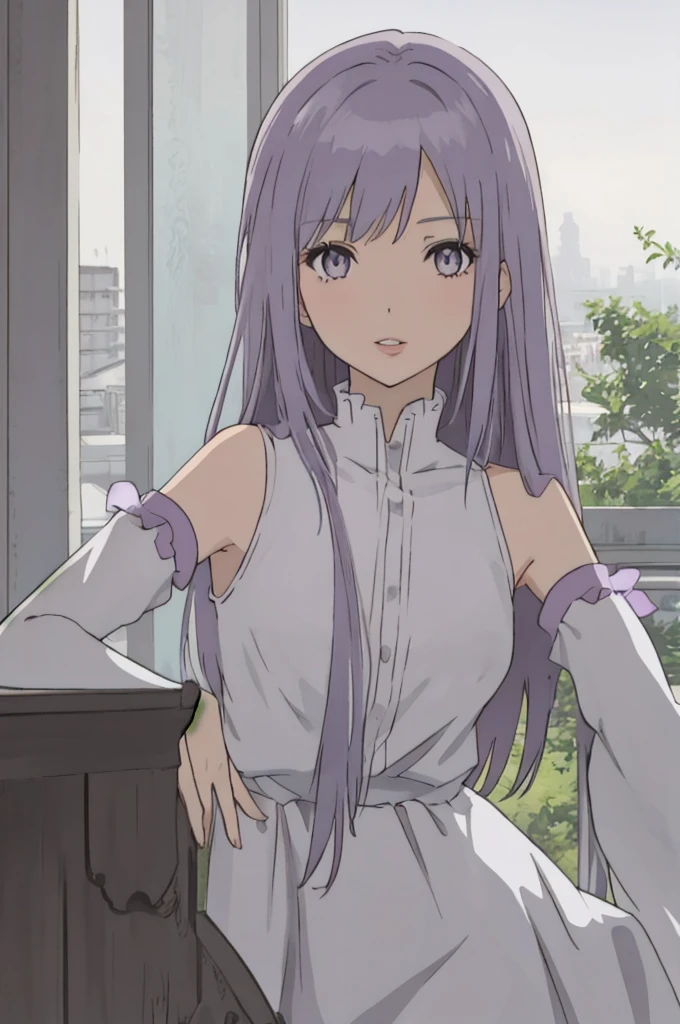 anime style, 1girl, long hair, light purple hair, grey eyes, white sleeveless dress, light purple sleeves, lips,,