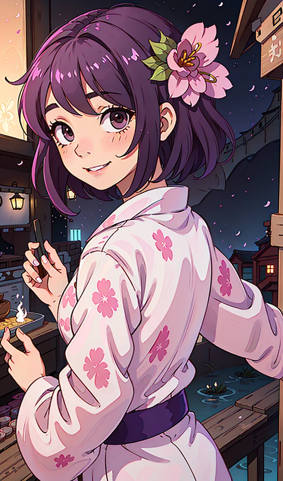 (One girl)、smile、From below、Turn around、Light purple floral yukata、Pink obi、Summer Festival at Night、Dark brown short hair、Dark brown eyes