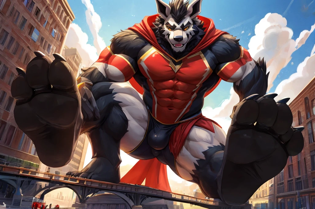 Giant Anthropomorphic Mightyena Pokemon Man, Yellow Eyes, Muscular, Looming over the viewer, Tired, Handsome, Charming, View from below, Daddy, Bara, Horny, Flirty, Older Brother, Four toed feet, cock and balls, teasy, teasing the viewer, Macro, Bully, Jock, flirting with tiny viewer, Superhero Costume, Black underwear, Cape