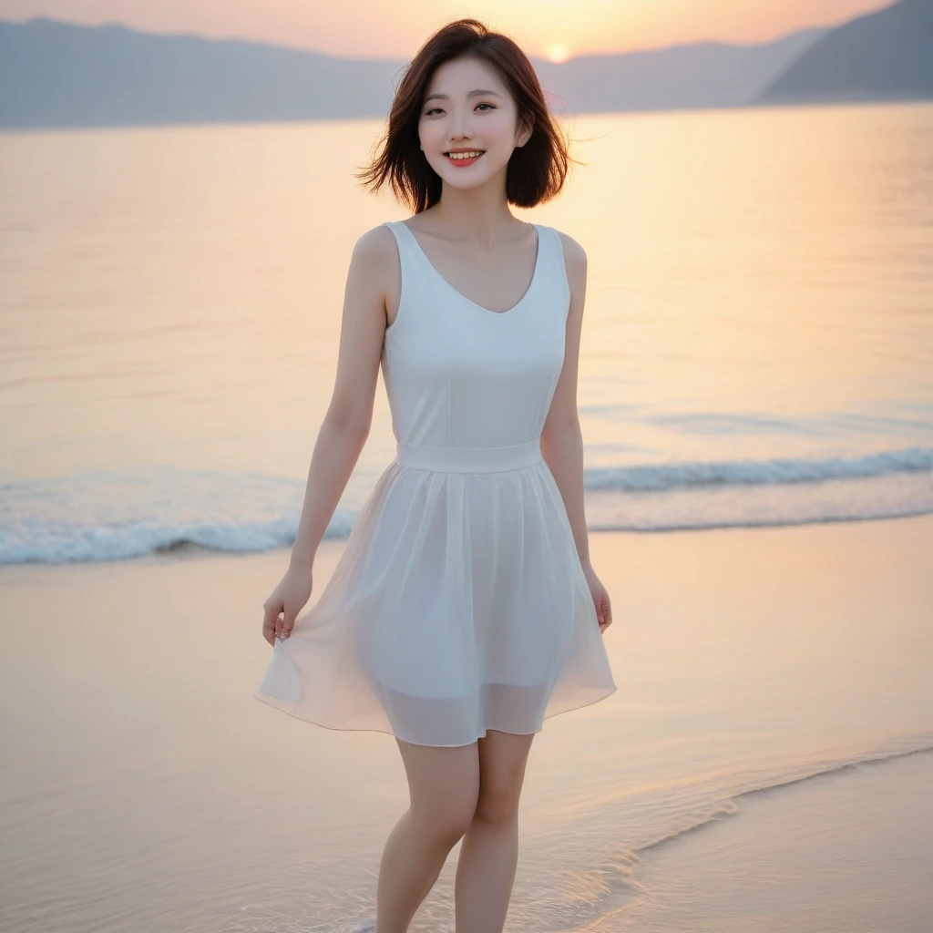 sunset red sun on the beach,A strong afterglow is reflected in the sea., Beautiful 36 year old short Korean woman, Chest size 34 inches, Wear sleeveless, light skirt. beautiful pretty woman look , wearing a light skirt , Go far into the sea water and dip your toes., Short medium hair blowing in the wind, 1 short woman, beautiful eyes, a little smile, Full body photo from a distance with a wide angle lens, The background is clear and perfect, waves driven by the wind, best high definition