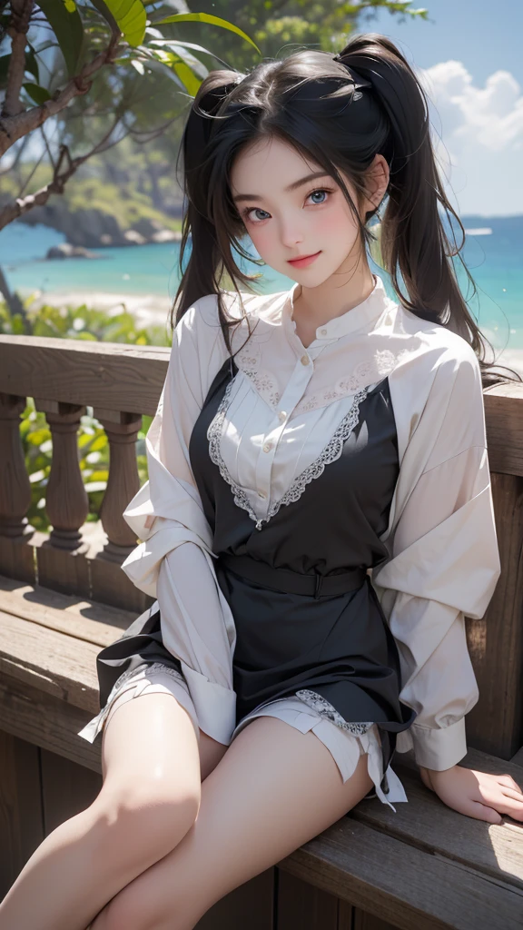 ((masterpiece)), ((highest quality、Ultra high definition)), (Very detailed),8K、Photo quality、((Amazingly cute girl)),((())), Two people, , (Beautiful emerald blue eyes), ((smile)),In the open-air bath overlooking the sea, Beautifully arranged black hair in twin tails、whole body、Cute lolita maid stylimsuit))、Professional Lighting、(White lace knee-highore detailed and beautiful)、(More details and cutenesore realistic)、(((Just wear light clothing)))、プールではしゃぐ、