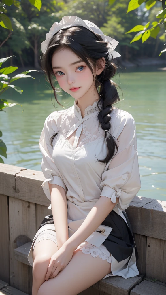 ((masterpiece)), ((highest quality、Ultra high definition)), (Very detailed),8K、Photo quality、((Amazingly cute girl)),(((-yeld gi)), Two people, , (Beautiful emerald blue eyes), ((smile)),In the open-air bath overlooking the sea, Beautifully arranged black hair in twin tails、whole body、Cute lolita maid style swimsuit))、Professional Lighting、(White lace knee-highore detailed and beautiful)、(More details and cutenesore realistic)、(((Just wear light clothing)))、プールではしゃぐ、